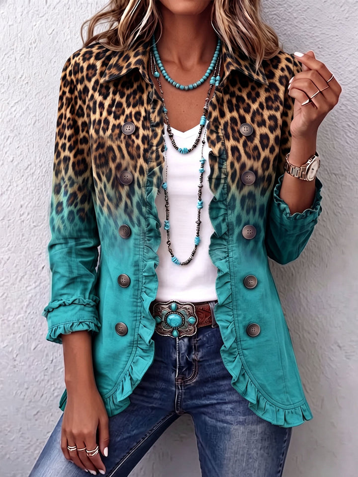 Hermine | Blazerjacke mit Leopardenmuster, Farbverlauf und Rüschen