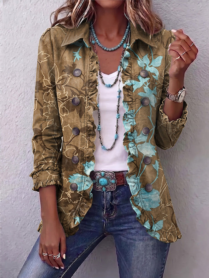 Imke | Blumenjacke im Vintage-Boho-Stil mit Farbverlauf und Rüschen