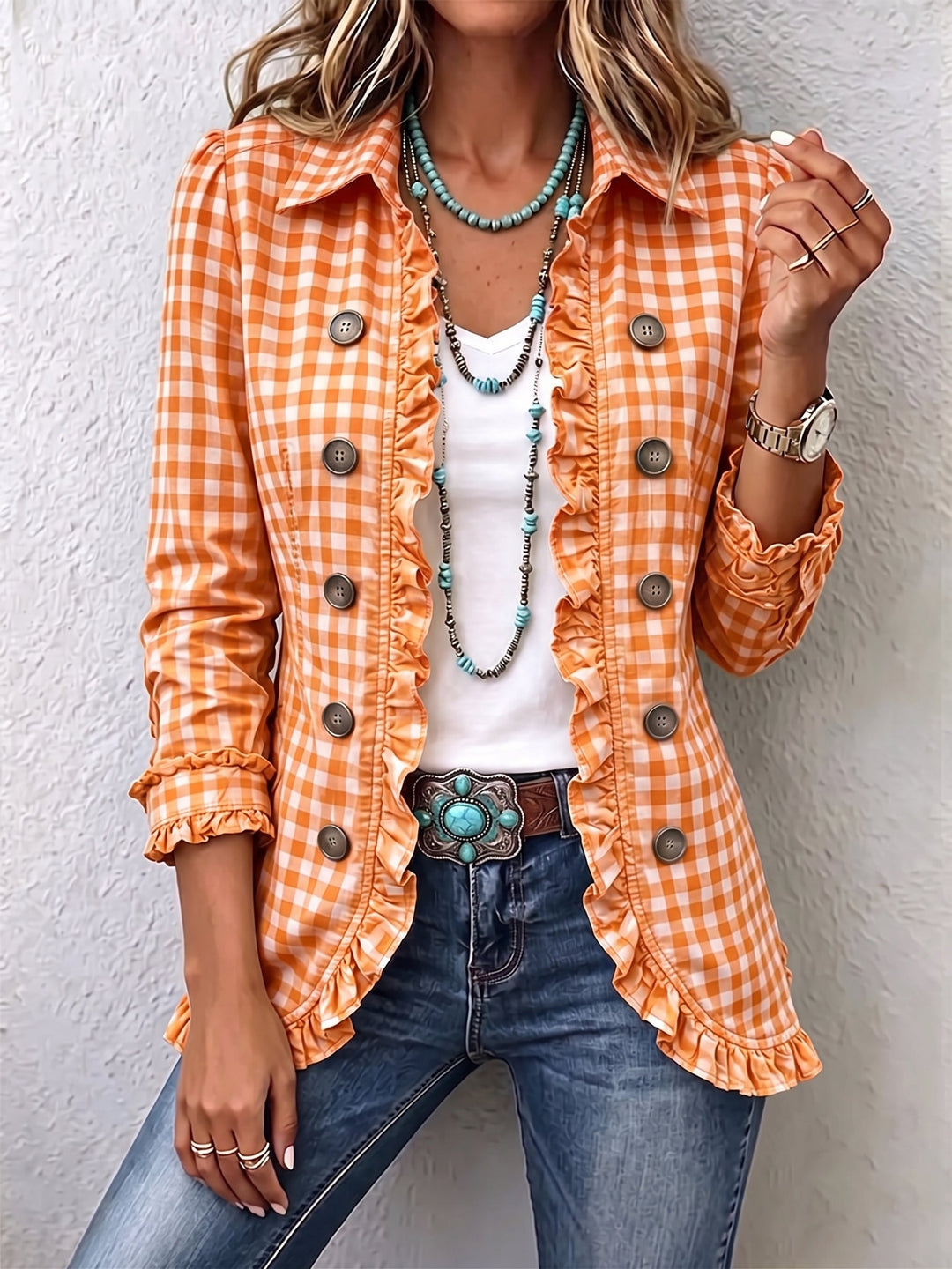 Almut | Jacke mit Vichykaro, Rüschen und Knopfleiste