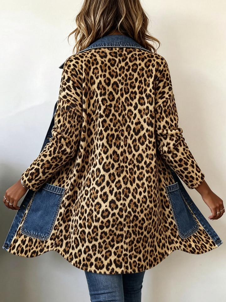 Maren | Lange Jacke mit Leopardenmuster und Jeansbesatz