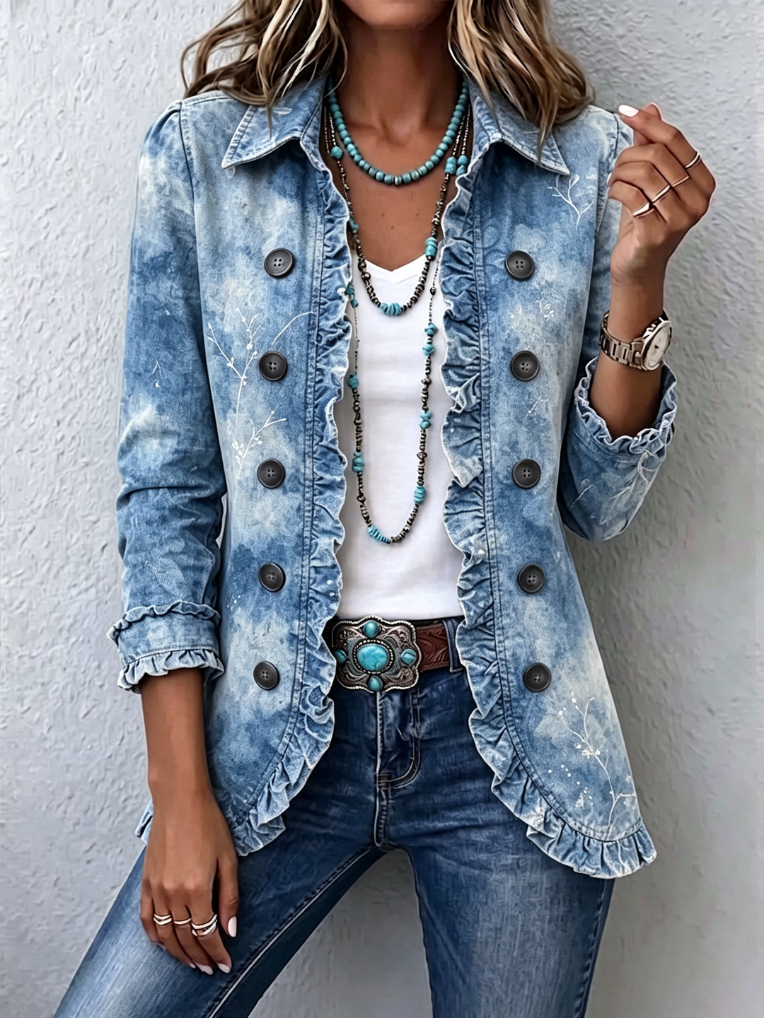 Dörte | Jacke im Vintage-Boho-Stil mit botanischem Farbverlauf und Rüschen