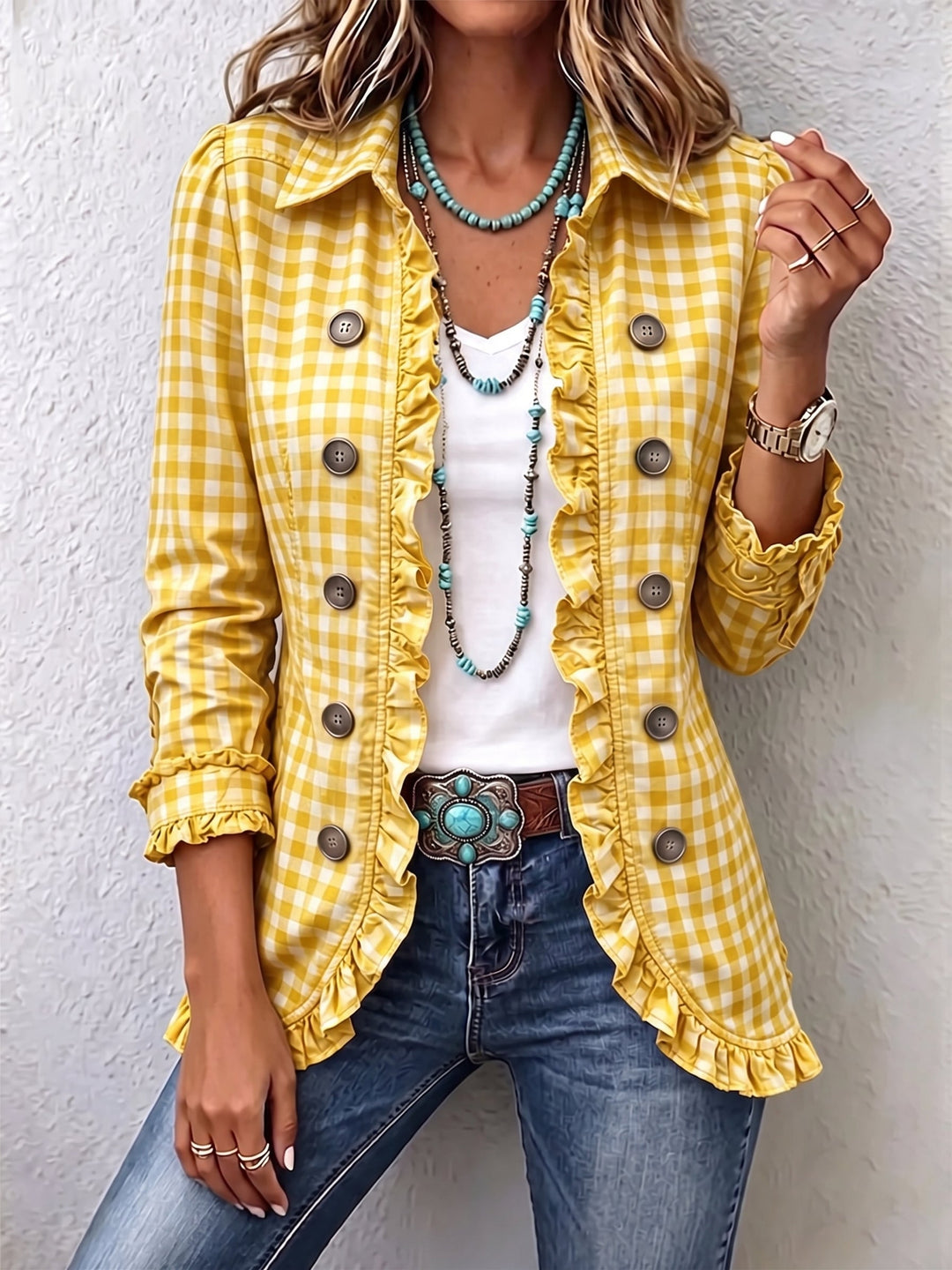 Almut | Jacke mit Vichykaro, Rüschen und Knopfleiste