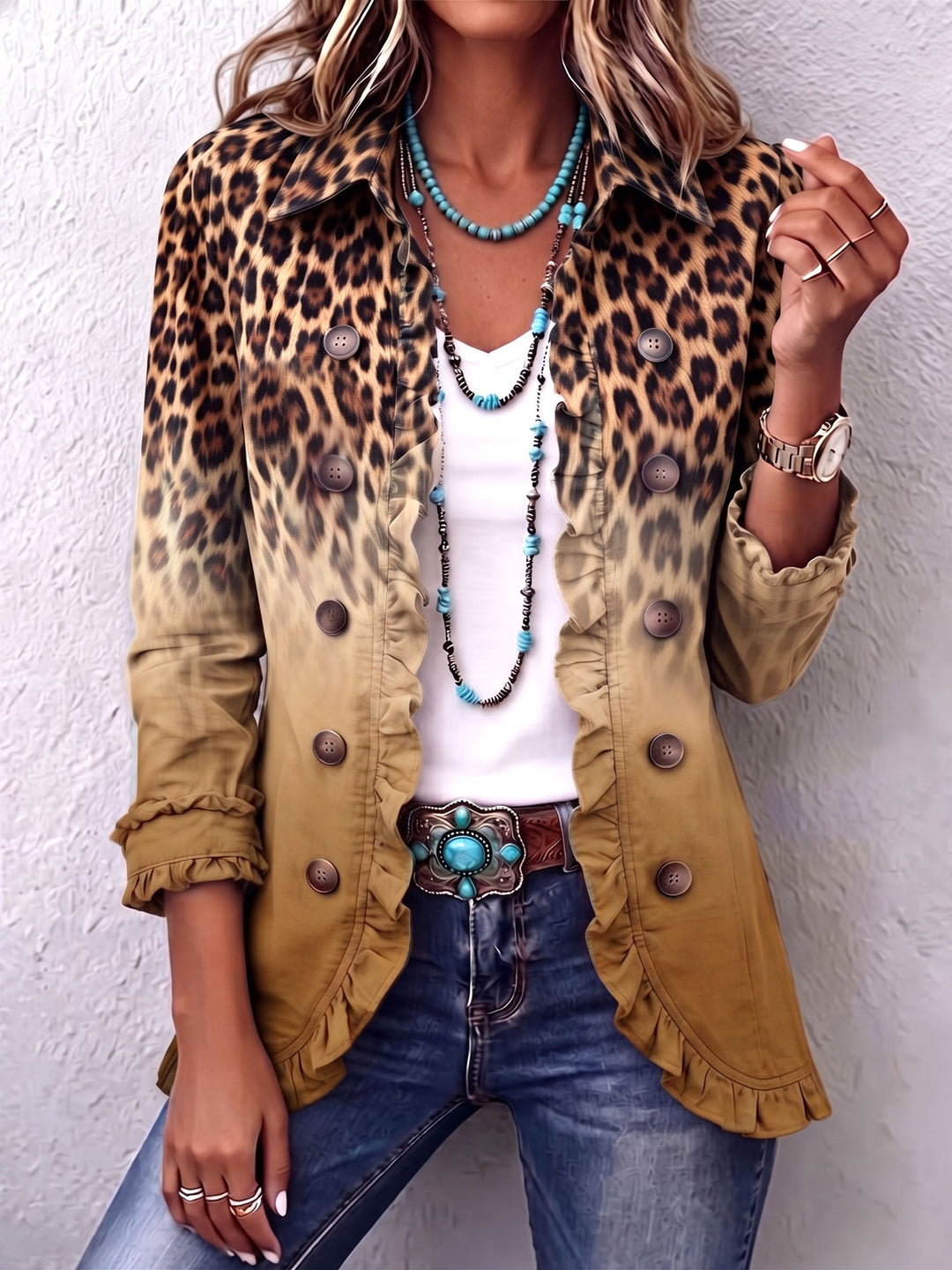 Thea | Blazerjacke mit Leopardenmuster, Farbverlauf und Rüschen