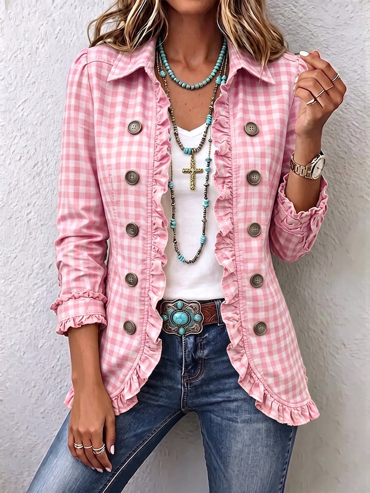 Almut | Jacke mit Vichykaro, Rüschen und Knopfleiste