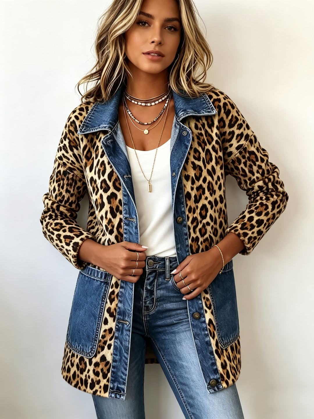 Maren | Lange Jacke mit Leopardenmuster und Jeansbesatz