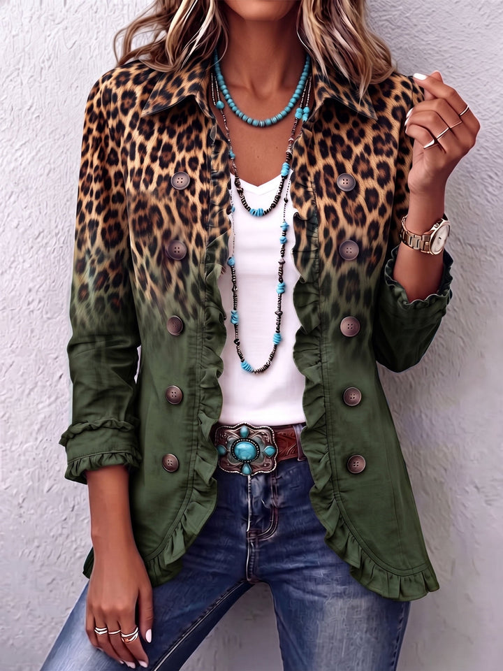 Hermine | Blazerjacke mit Leopardenmuster, Farbverlauf und Rüschen