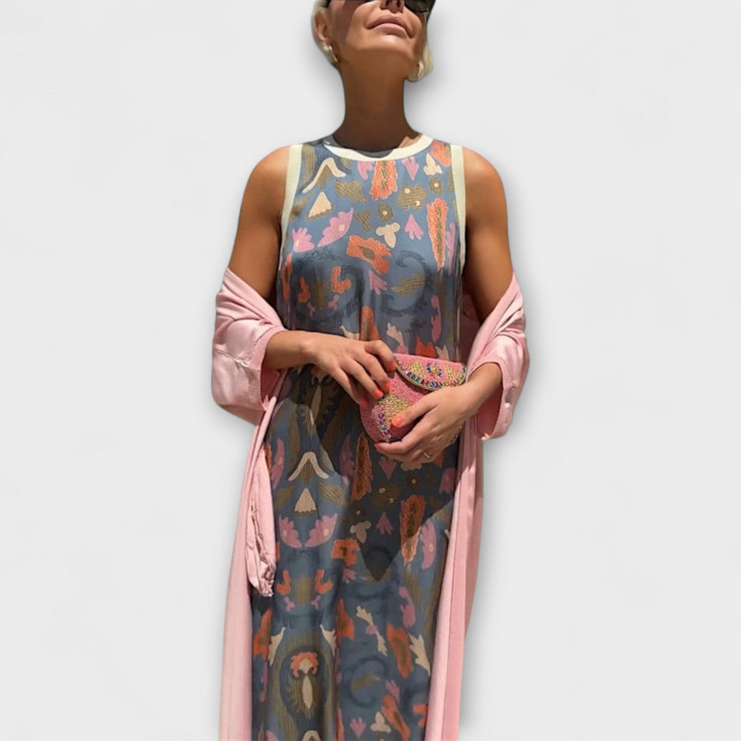 Elveria - Beiges Maxikleid mit passendem Cardigan