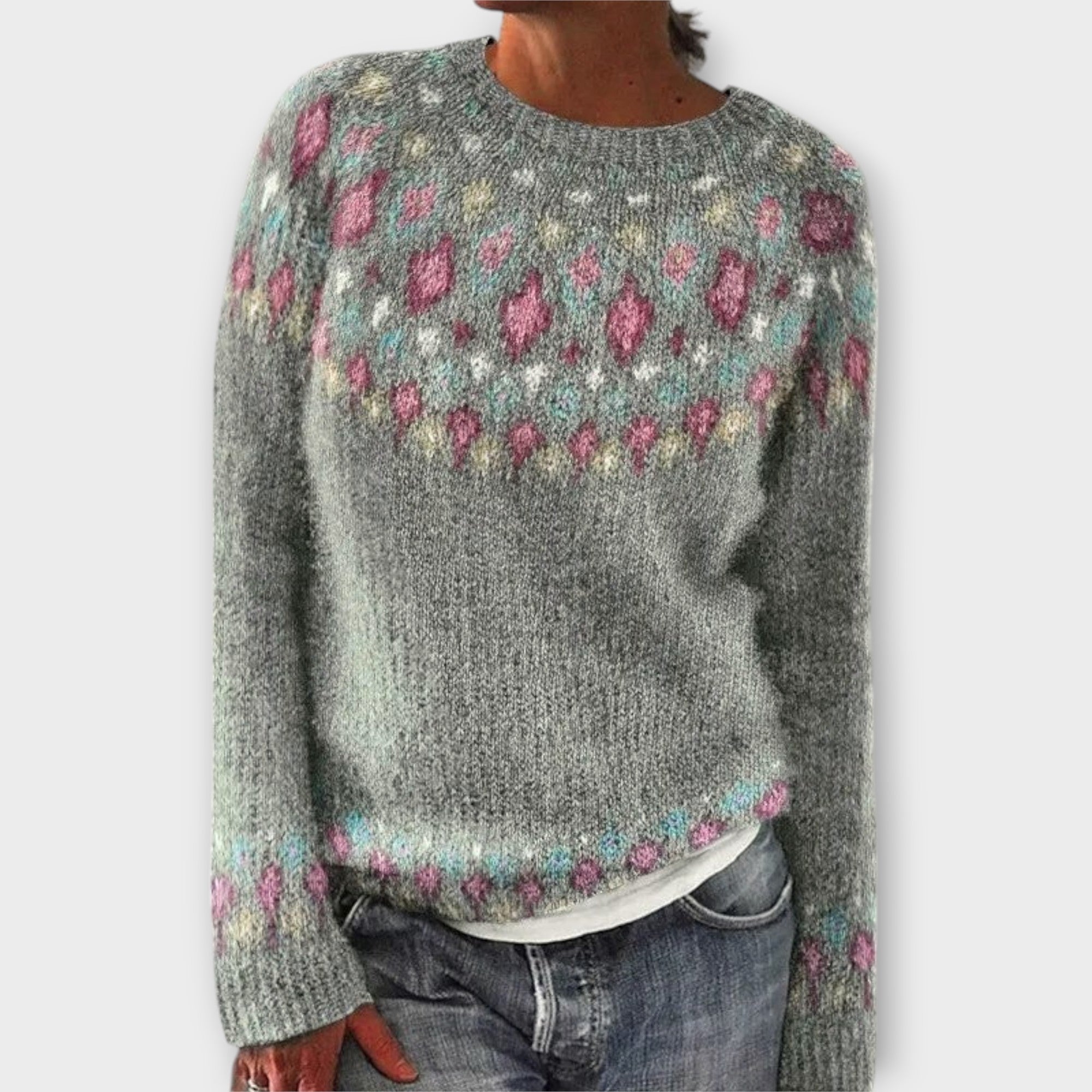Devyn - Petrolfarbener kuscheliger Pullover mit Norweger-Muster