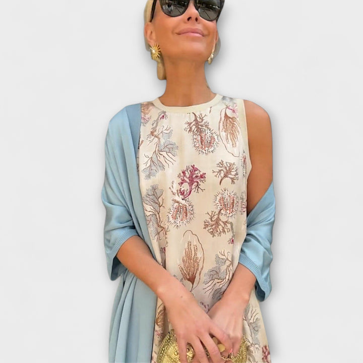 Elveria - Beiges Maxikleid mit passendem Cardigan